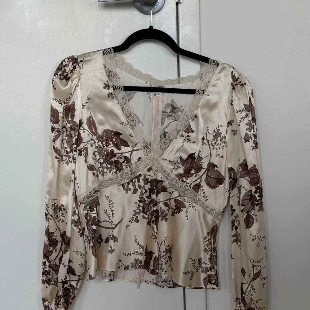Reformation Cream Satin Floral Lace Trim Blouse